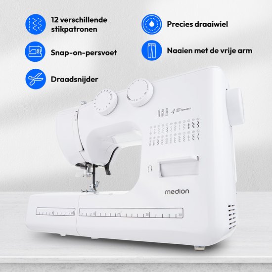 MEDION naaimachine met vrije arm SM60 (60 watt, 60 verschillende steekpatronen met knoopsgaten, led-naailampje, automatische draadinrijger, achteruitrijgknop, draadafsnijder, MD10689)