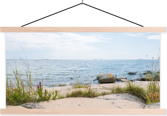 Porte-affiche avec affiche - Affiche scolaire - Plage - Mer - Galets - 90x45 cm - Lattes vierges