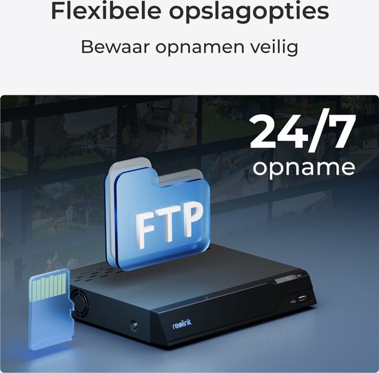 Zwarte Reolink recorder met een glanzende blauwe FTP-map en SD-kaart. 24/7 opname.