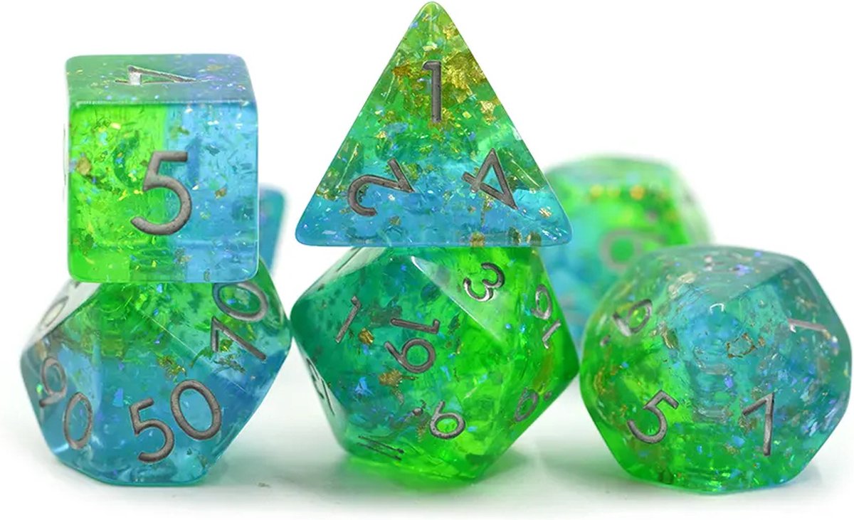 Nereb – Dobbelstenen Set 7-delig – D20 D12 D10 D% D8 D6 D4 – Blauw/Groen met Glitters – Premium Polydice – Voor RPG & Tafelspellen