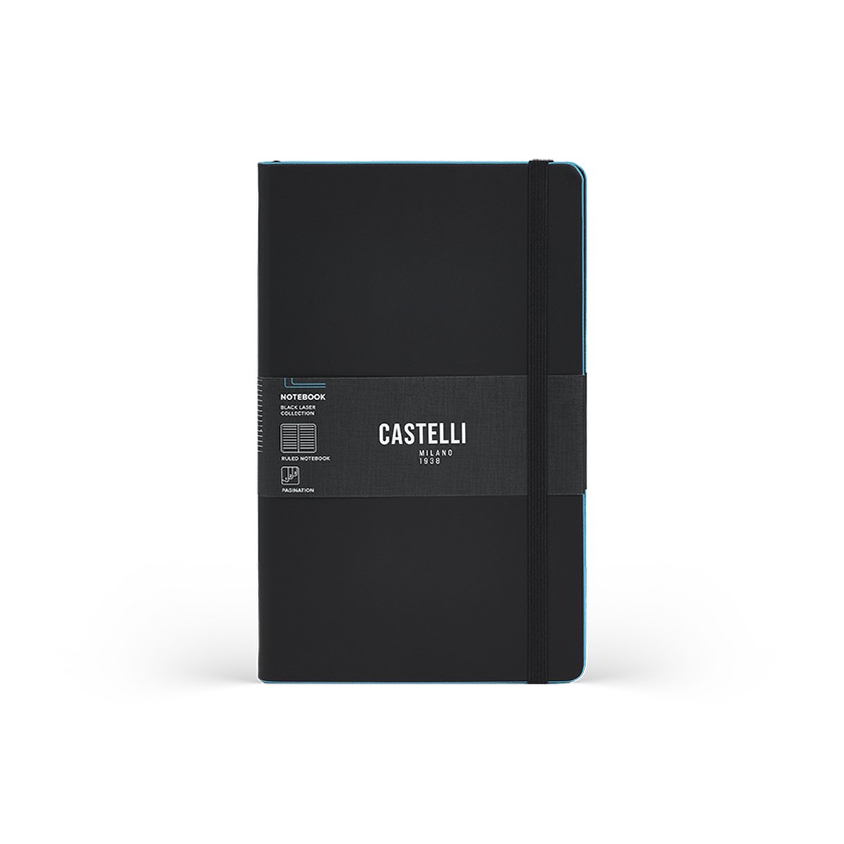 Notitieboek A5 Castelli Milano – 13×21 cm - Zwart - Black Laser / Lightblue – gelinieerd – luxe Italiaans design – Made in Italy