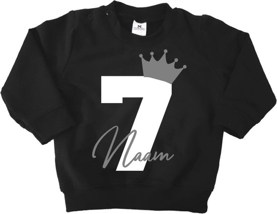 Verjaardag sweater kroon met naam-7 jaar-zwart-Maat 122/128