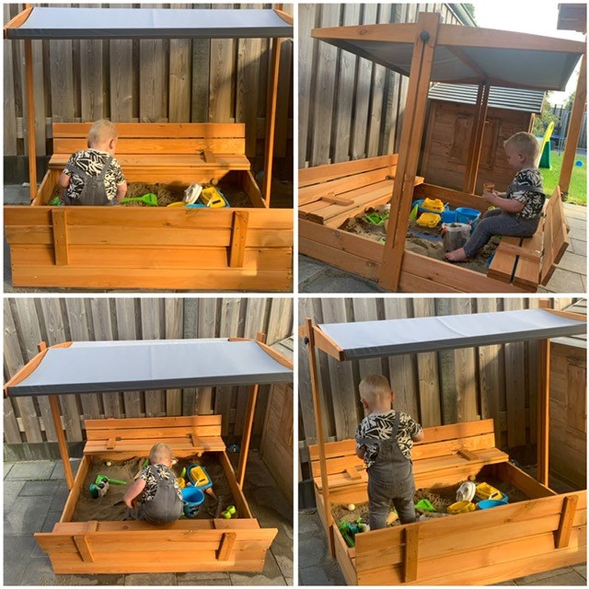 Afsluitbare XL Zandbak met Dak 140x140 cm – Gecertificeerd & Geïmpregneerd Hout | Incl. AFDEKZEIL, GRONDDOEK & Montagevideo | Voor 2-3 Kinderen | Grijs — afbeelding 13