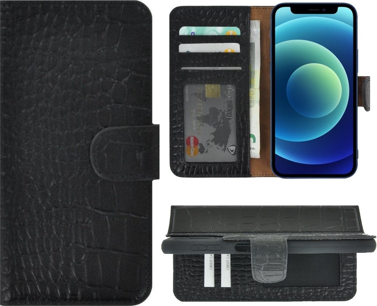 MoDo hoesje Geschikt voor iPhone 14 Plus - Leer Book Case - Croco zwart