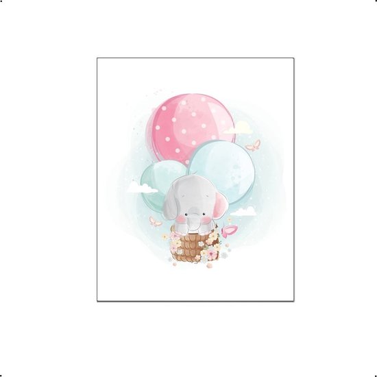 PosterDump - Olifant in een luchtballon met vlinders - Baby / kinderkamer poster - Dieren poster - 42x29,7cm / A3