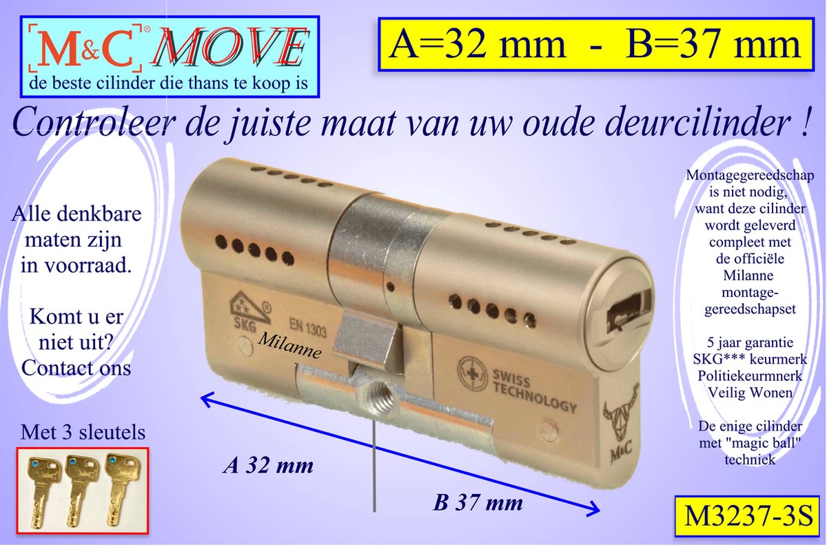 M&C MOVE - High-tech Security deurcilinder - SKG*** - 32x37 mm - Politiekeurmerk Veilig Wonen - inclusief gereedschap MilaNNE montageset