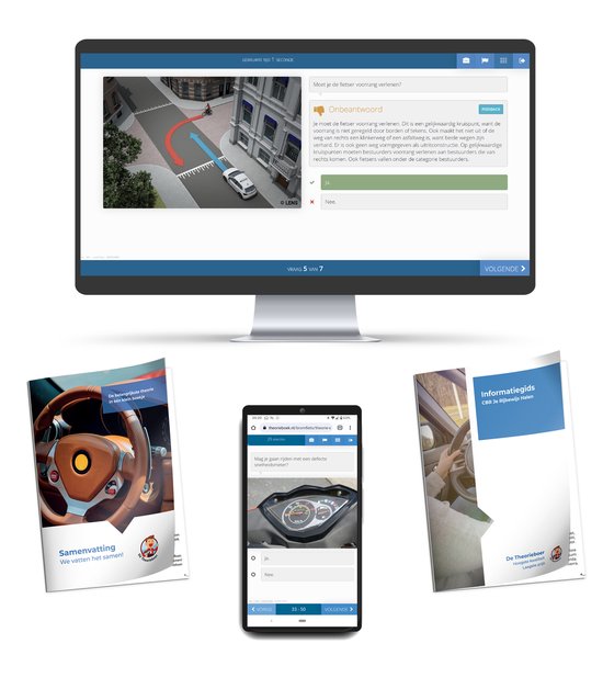 Een computer met een online rijexamen, een smartphone met een scooter dashboard en twee theorieboeken.