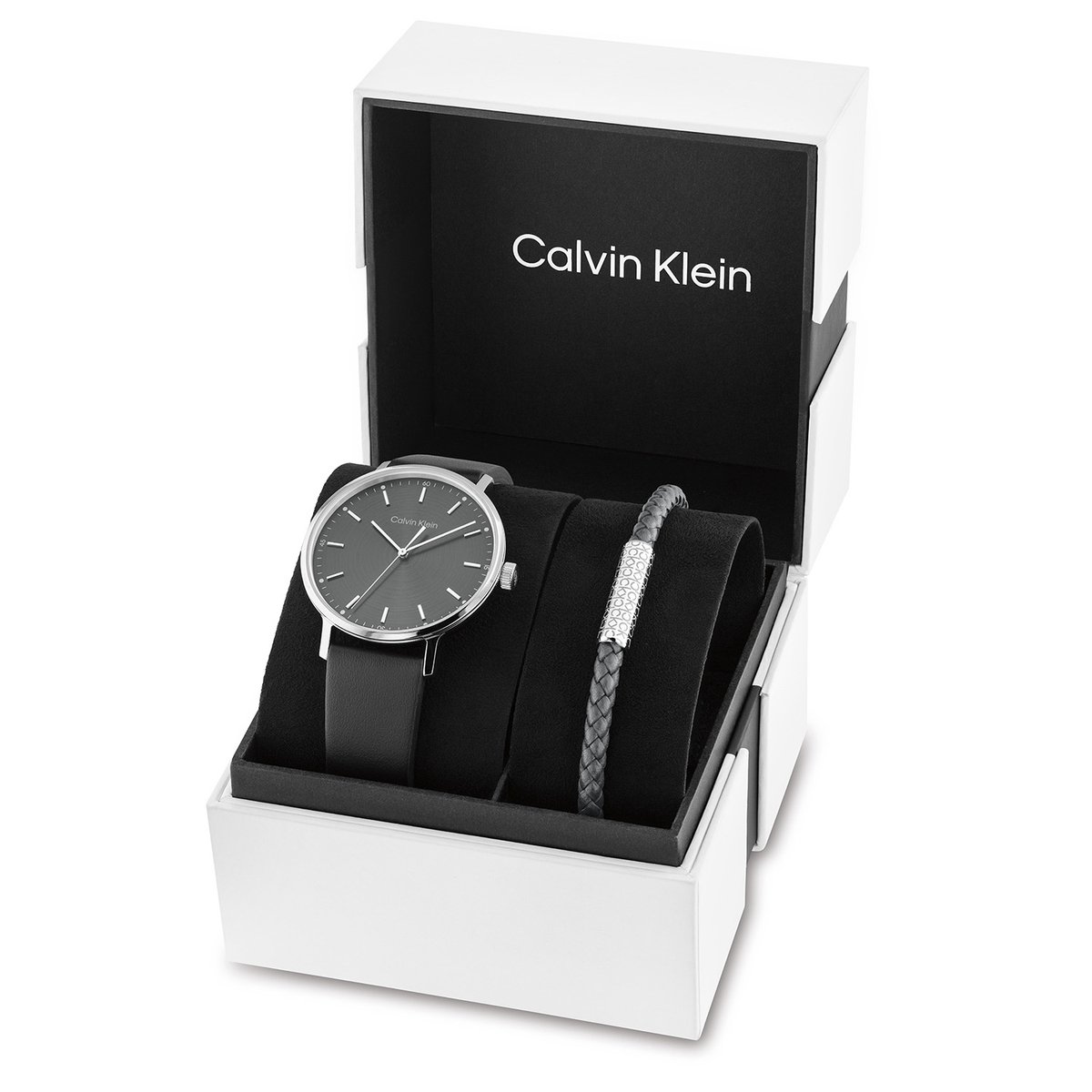 Calvin Klein CK35700008 Giftset Heren Horloge - Mineraalglas - Staal-Leer - Grijs-Zilver - Ø 42 mm - Quartz - Gesp - 3 ATM (spatwater)