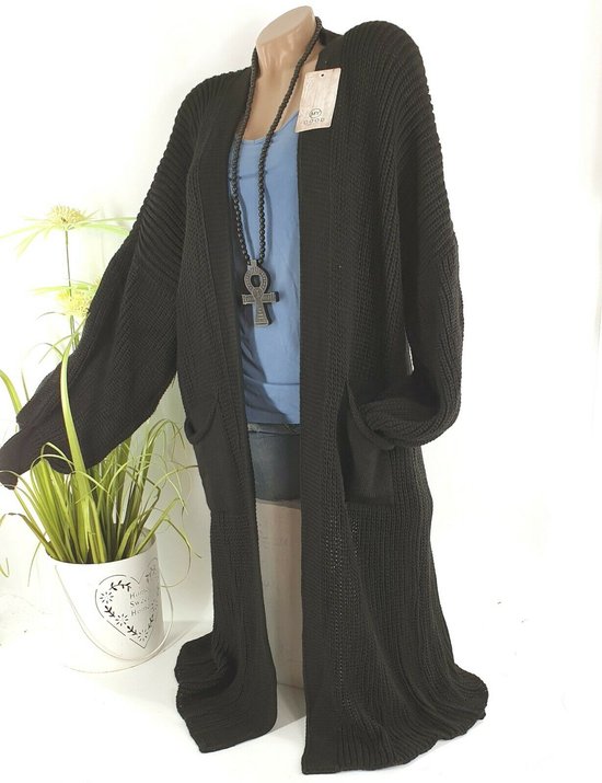 Lang grof gebreid vest cardigan damesvest van acryl winter kleur zwart maat 44 46 48...