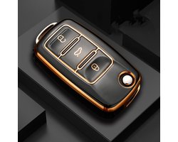 Zachte TPU Sleutelcover - Zwart Goud Metallic - Sleutelhoesje Geschikt voor Volkswagen Golf / Polo / Tiguan / Up / Passat / Seat Leon / Skoda Citigo - Sleutel Hoesje Cover - Randen Goud - Auto Accessoires