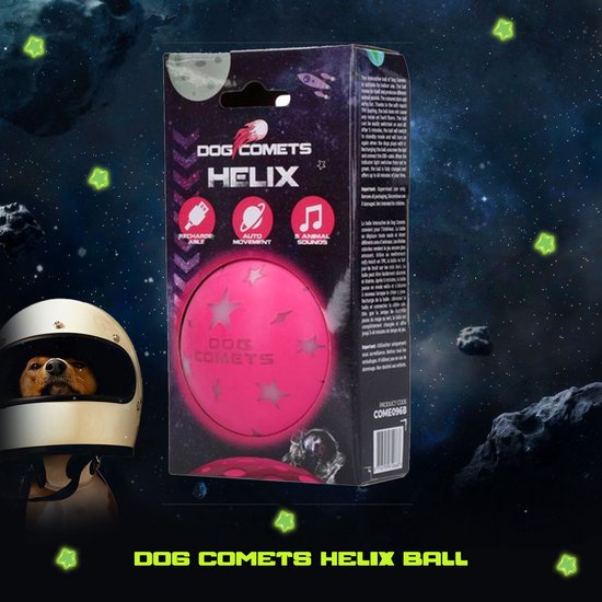 Roze Dog Comets Helix bal in ruimteverpakking, naast een astronaut in helm en een vliegende schotel.
