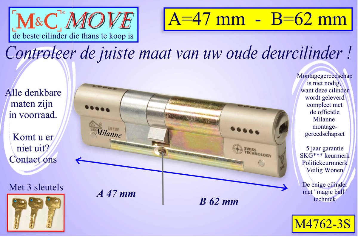 M&C MOVE - High-tech Security deurcilinder - SKG*** - 47x62 mm - Politiekeurmerk Veilig Wonen - inclusief gereedschap MilaNNE montageset