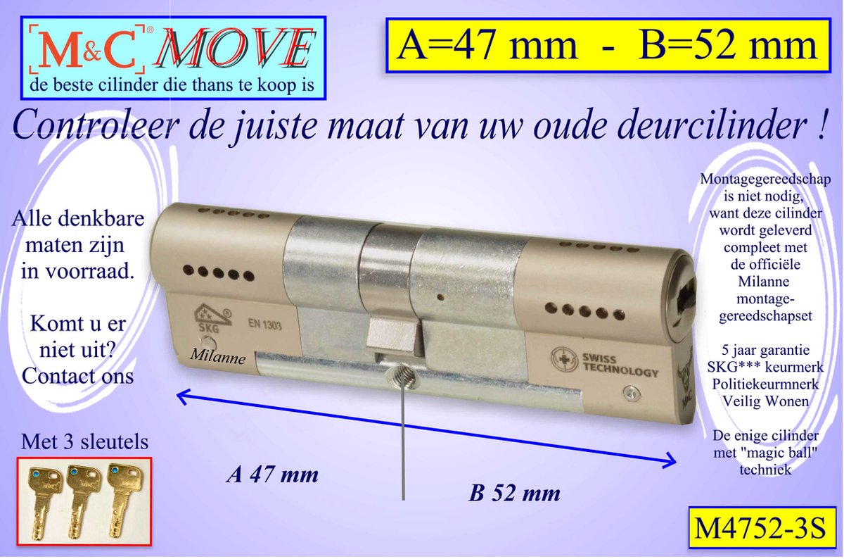 M&C MOVE - High-tech Security deurcilinder - SKG*** - 47x52 mm - Politiekeurmerk Veilig Wonen - inclusief gereedschap MilaNNE montageset
