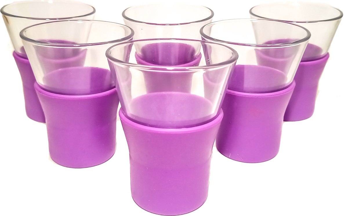 Bormioli Rocco koffie- en theeglazen met paarse siliconen grip - 100 ml - Set van 6