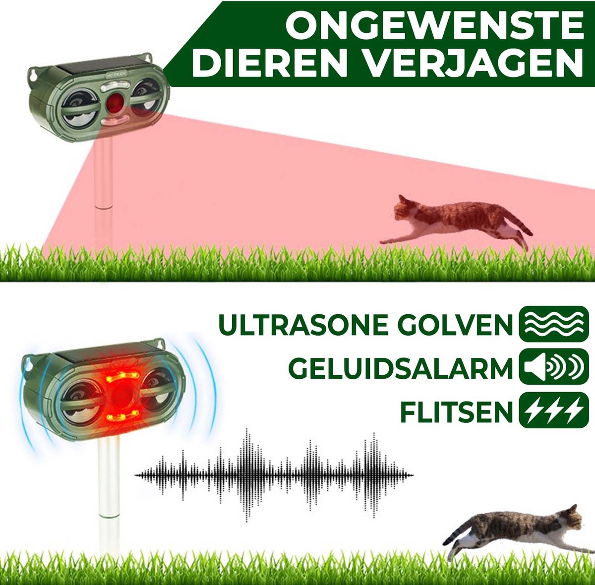 Fleau Répulsif animal à ultrasons à énergie solaire - Répulsif chat -  Répulsif pigeon