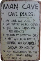 Wandbord - Cave Rules - Metalen wandbord - Mancave - Mancave decoratie - Retro - Metalen borden - Metal sign - Bar decoratie - Tekst bord - Wandborden - Wand Decoratie - Metalen bord - UV bestendig -