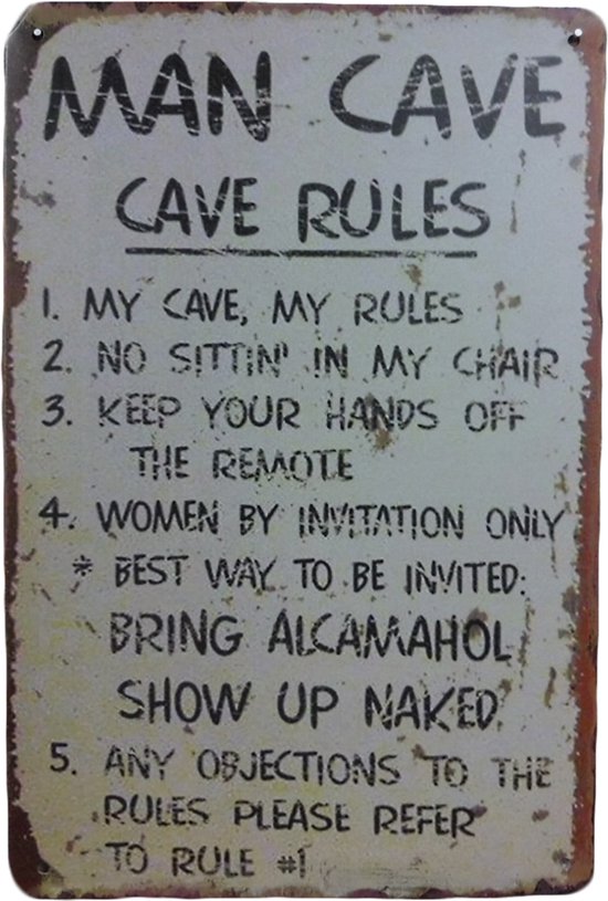 Wandbord - Cave Rules - Metalen wandbord - Mancave - Mancave decoratie - Retro - Metalen borden - Metal sign - Bar decoratie - Tekst bord - Wandborden - Wand Decoratie - Metalen bord - UV bestendig -