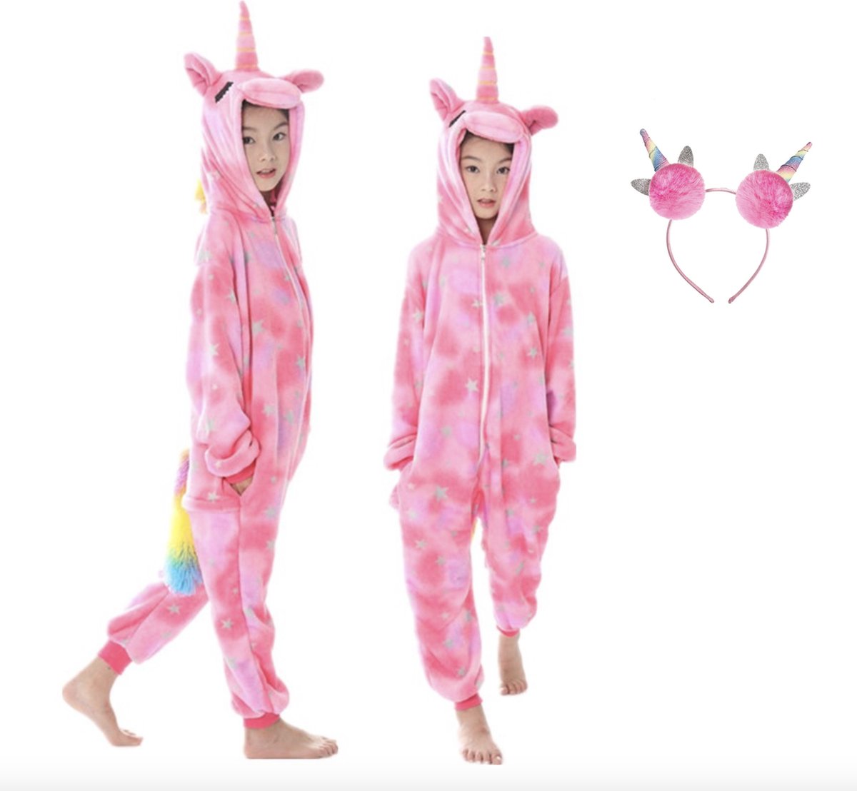 Joya Kids® Eenhoorn Onesie | Unicorn roze huispak | Verkleed kostuum | verkleedkleding jurk | Maat 104/110 (110) + Haarband | Cadeau