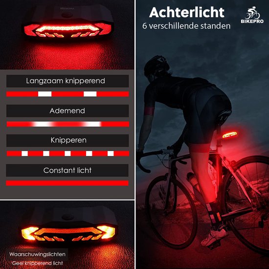 BikePro Fiets Achterlicht 2.0 met Alarm en Richtingaanwijzer - IP54 Waterdicht - USB Oplaadbaar - Fietsalarm - BikePro
