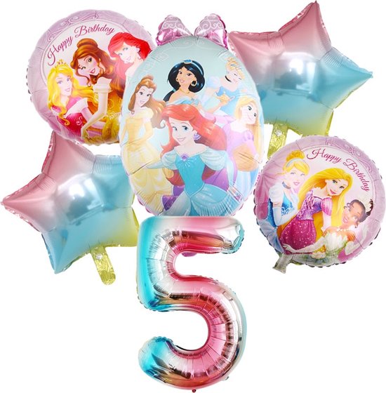 Prinsessen Verjaardag Ballonnen - 5 jaar - 6st - Prinsessen Feestpakket - Disney Versiering - Ariel / Sneeuwwitje / Rapunzel / Assepoester / Jasmine / Belle / Tiana - Themafeest Disney Princess Folieballonnen - Heliumballonnen - 5 Jaar Ballon