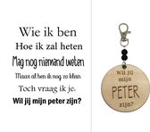 Sleutelhanger Wil jij mijn Peter zijn? | zwart | wie ik ben | peter vragen | peter worden | peetoom vragen | peetoom worden