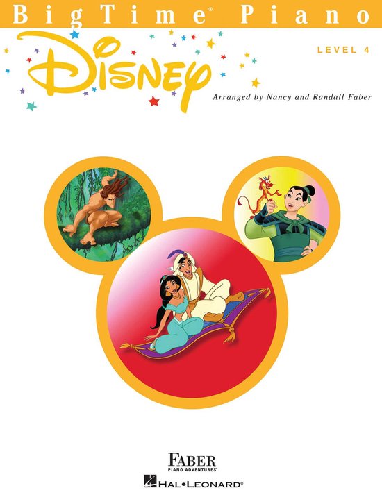 Boek "Big Time Piano Disney" met afbeeldingen van Tarzan, Mulan en Aladdin op een vliegend tapijt.