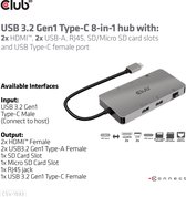 CLUB3D USB 3.2 Gen1 Type-C 8-in-1 hub with 2x HDMI, 2x USB-A, RJ45, SD/ Micro SD card slots and USB Type-C Female Port