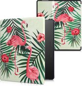 kwmobile hoes geschikt voor Amazon Kindle Oasis 10. Generation - Magnetische sluiting - E reader cover in poederroze / groen / lichtgroen - Flamingo en Palmbomen design