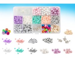 Grafix Mega Assortiment Armbandjes Maken | Sieraden maken voor meisjes | Katsuki - Parels - Smileys - Letters - Bedels - Schelpjes | Geordend in handige opbergbox
