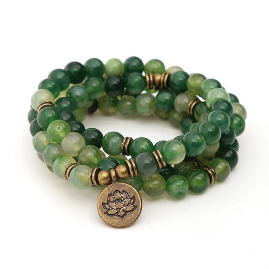 108 Kralen Groen Lotus Mala | Armband Ketting | Groene Agaat |  Vrouwen Mannen | Yoga Meditatie | edelsteen - Sparkolia