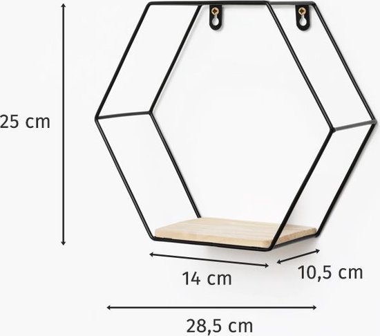 Zwart metalen zeshoekig wandrek met houten plankje, afmetingen 25x28,5 cm.