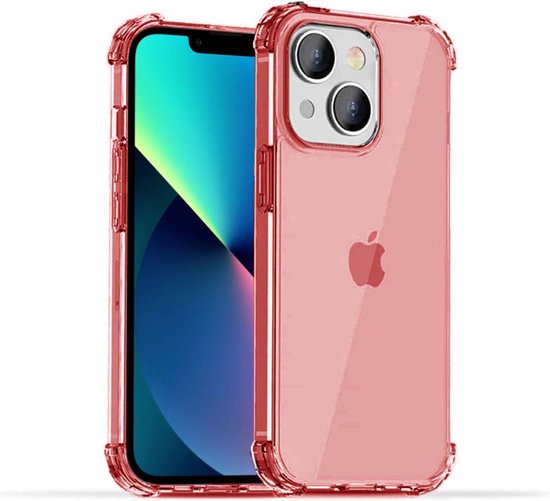 Doorzichtig rood iPhone 13 Mini hoesje met versterkte hoeken en Apple logo.