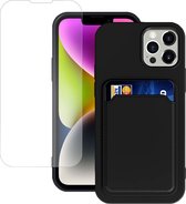 Hoesje Pasjes Houder geschikt voor iPhone 14 Plus + Screenprotector – Gehard Glas Cover - Portemonnee - Kaart houder - Zwart