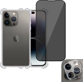 Hoesje geschikt voor iPhone 14 Pro Max + Privé Screenprotector + Beschermglas Camera Lens - Privacy Tempered Glass - Case Transparant