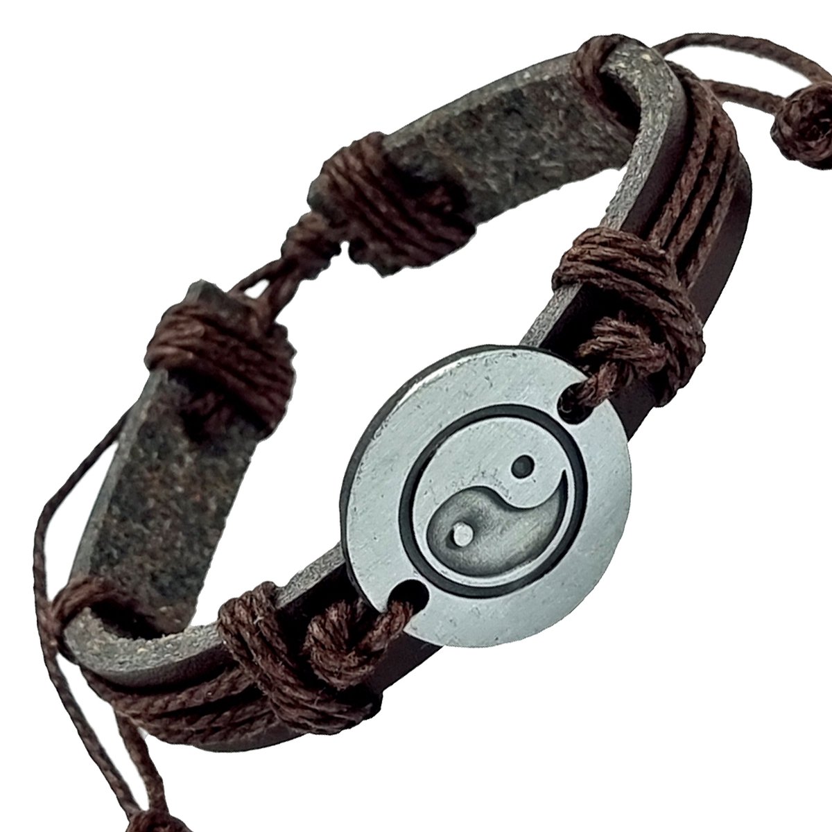 Rhylane – Armband Yin Yang – Leder en Touw – 17.5 + 14 cm - Zwart Leer Met Bruin Touw