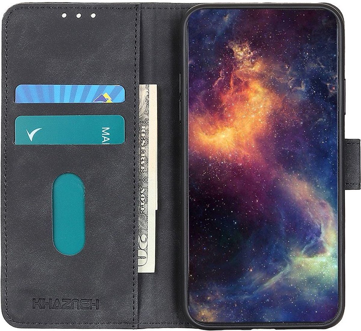 KHAZNEH Hoesje Retro Wallet Book Case Kunstleer Zwart Geschikt voor Apple iPhone 14