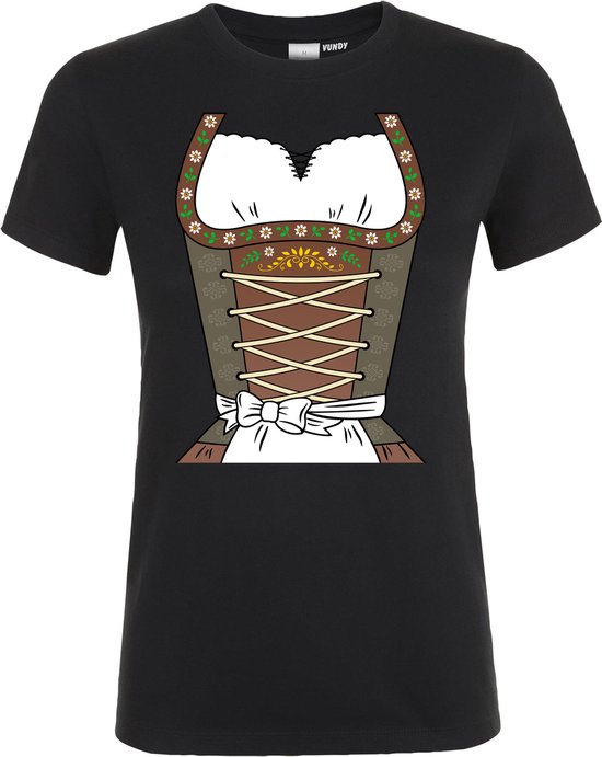 Zwart T-shirt met opdruk van een bruine dirndl met witte kanten kraag en bloemenrand.