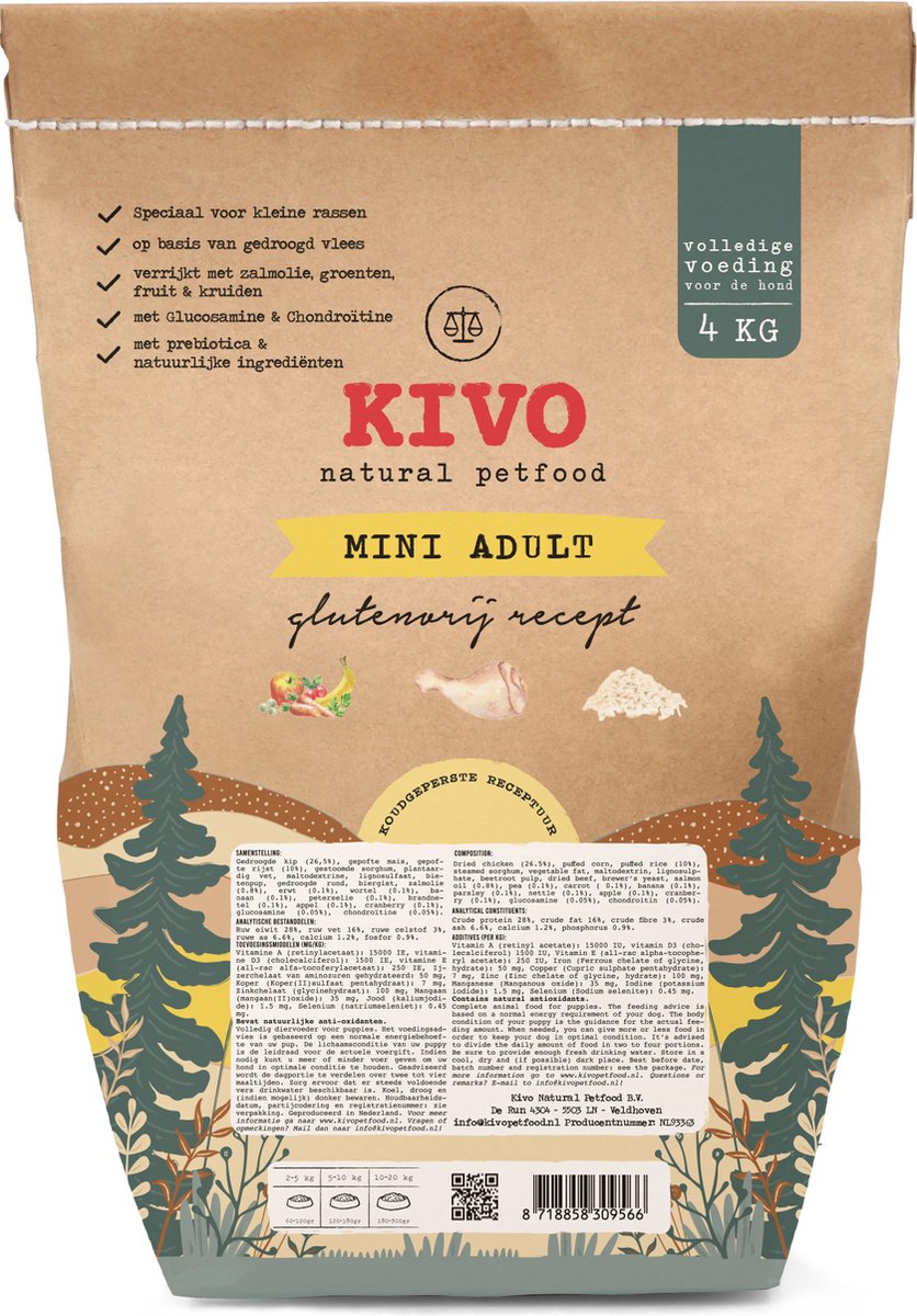 Kivo Petfood Kip & Rijst hondenvoer graanvrij 4 kg