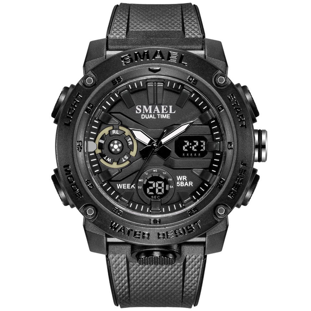Digitaal Shockbestendig Horloge Zwart | Smael | Waterdicht 5ATM | Glow in dark | Mud Master | Mudmaster | Shock | Licht | Rubberen band | 1907 | Timer | Eyecatcher | Master | kado | Cadeau