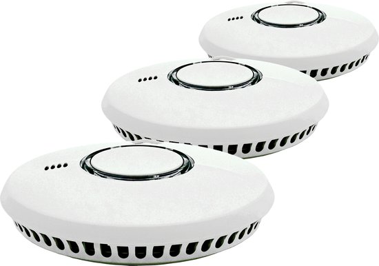 Drie witte FireAngel rookmelders op zwarte achtergrond, opgesteld in een trap.