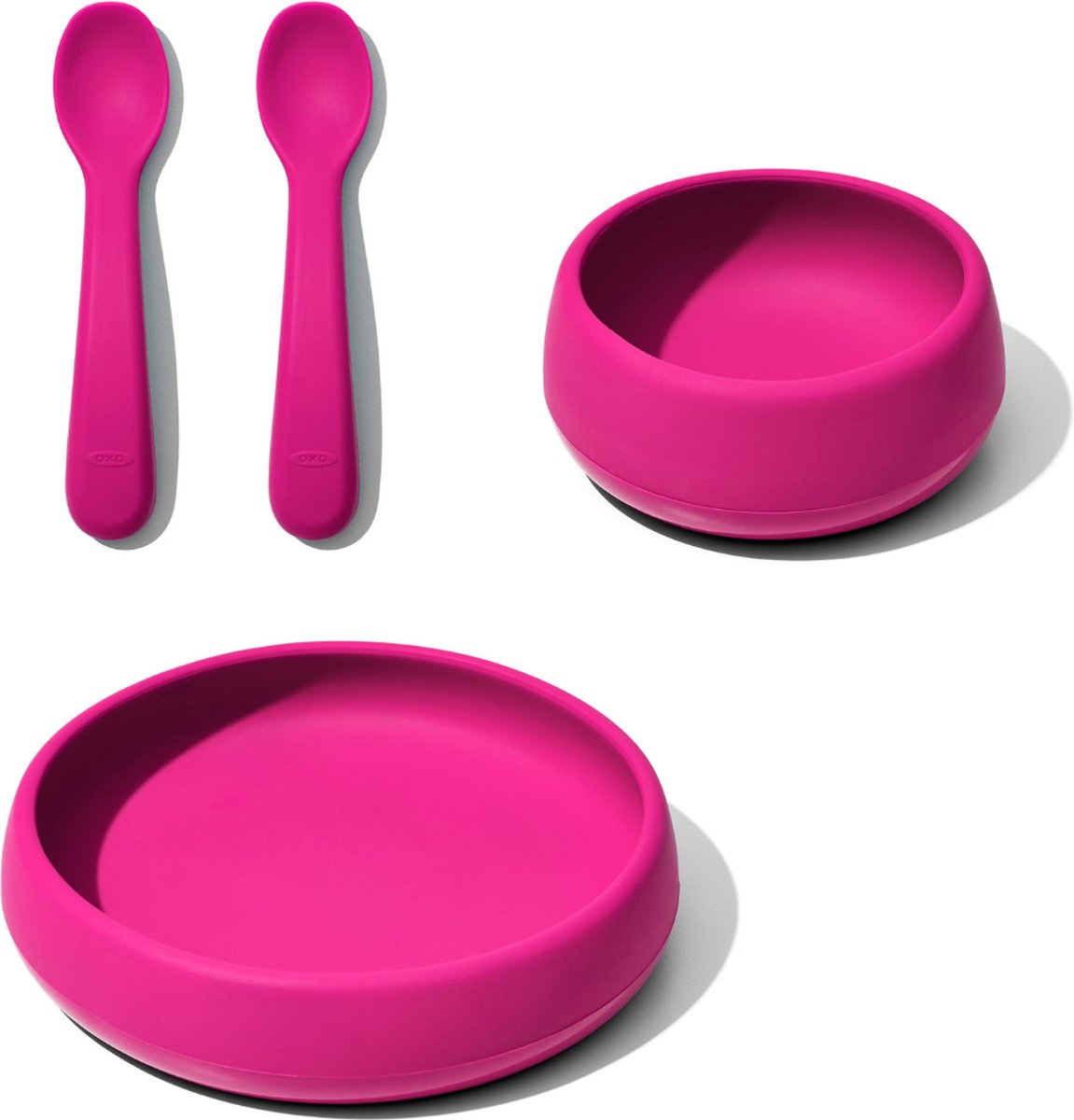 OXO Tot baby servies - silicone met verzwaarde bodem – baby bord + kom + 2 lepels – Kinderservies -Pink