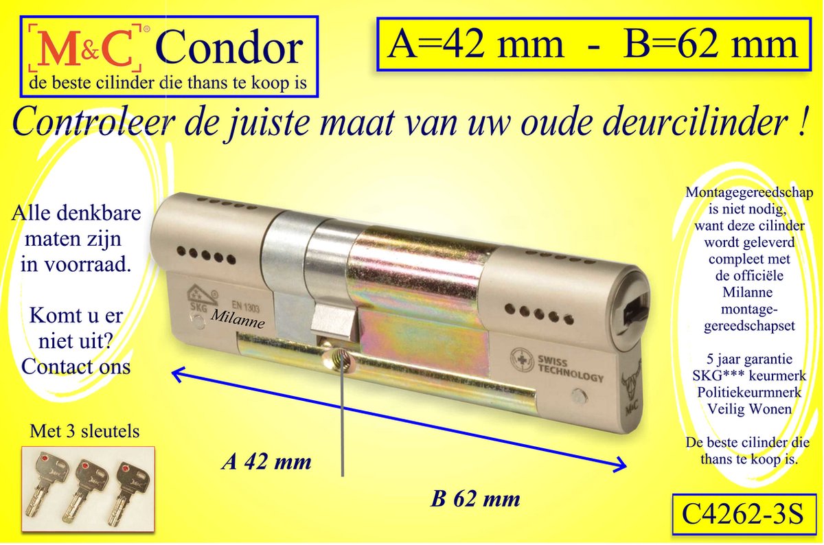 M&C Condor - High Security deurcilinder - SKG*** - 42x62 mm - Politiekeurmerk Veilig Wonen - inclusief gereedschap montageset