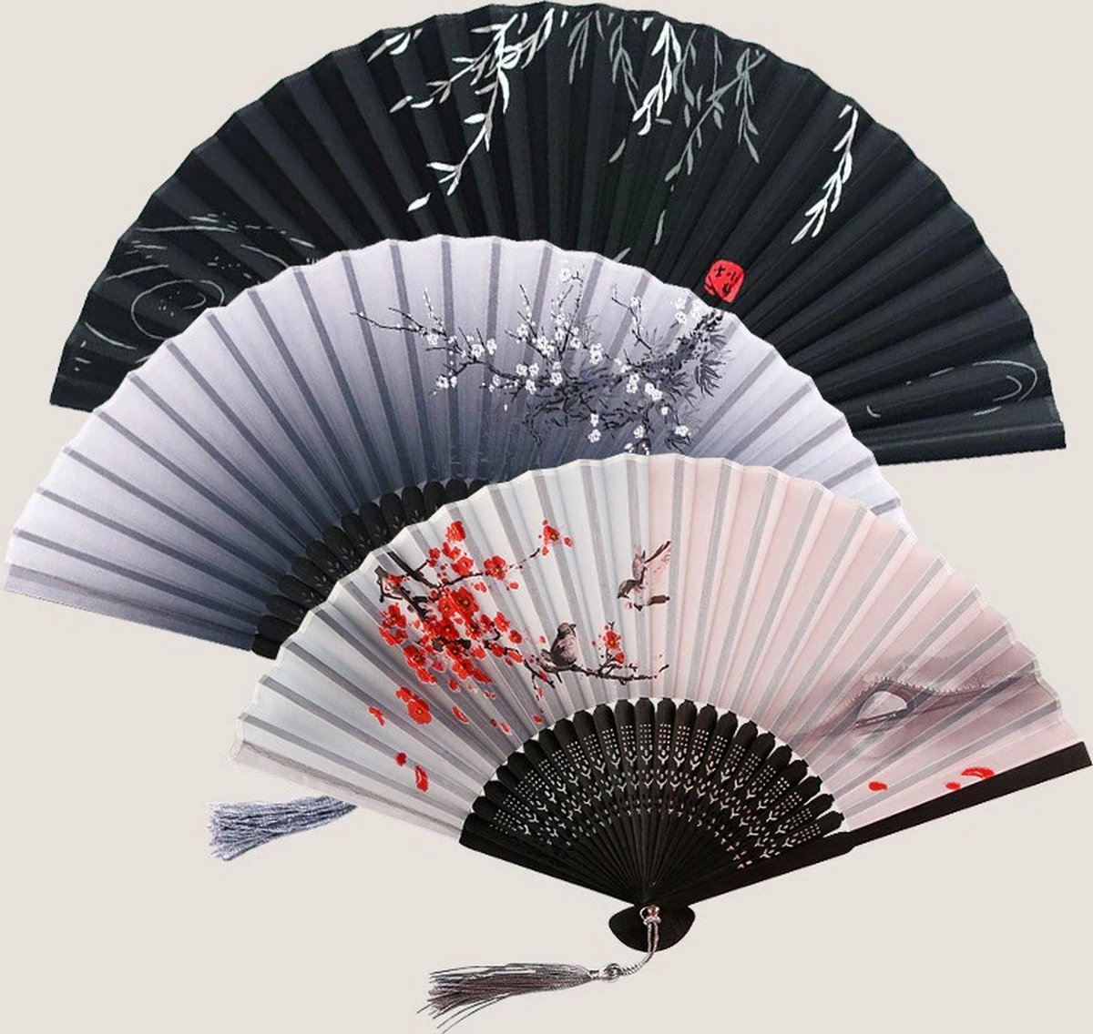 Éventail Japonais Ancien Peint à La Main - Feuille D'or, Deux Faces - Avec Support