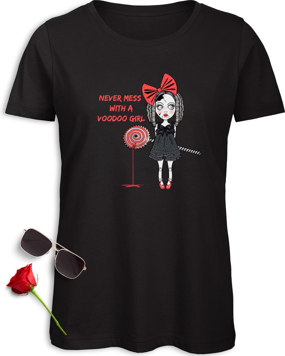 B & C - T Shirt Dames - Print Voodoo Pop - Zwart - Maat XL