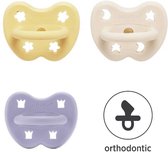 Hevea | dental Orthodontisch 3-36 maand | Dusty violet, Pale butter & Milky white | 100 % natuurrubber | bloemetje | ster & maan | kroontjes