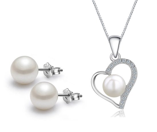 ASTRADAVI S925 Set de Bijoux en argent sterling - Collier avec pendentif cœur en zircon avec véritable perle d'eau douce et boucles d' Boucles d'oreilles assorties