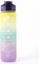 Afecto motivatie drinkfles grijs - Waterfles plus Tijdmarkeringen - Drinkfles Met Fruitfilter - 1 Liter - BPA vrij - kleur van geel naar paars - hoeveel drink jij?