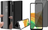 Hoesje geschikt voor Samsung Galaxy A33 - Book Case Spiegel Wallet Cover Hoes Zwart - Tempered Glass Privacy Screenprotector