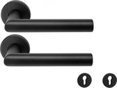 Deurbeslag Deurkruk zwart, setprijs, deurklink op rond rozet 50mm.