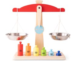 foto van New Classic Toys Houten Speelgoedweegschaal met 6 speelgoed gewichten